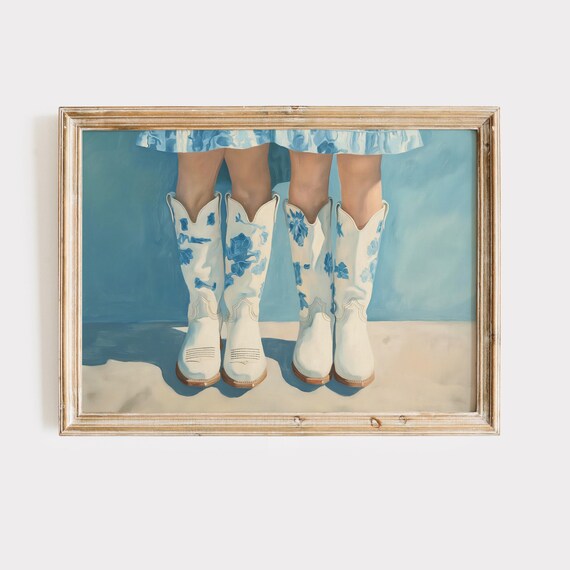 Blue White Chinoiserie Floral Cowboy Boots Beach Western Art Print