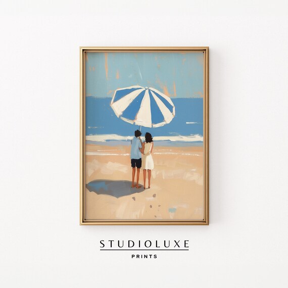 Couple Under Striped Umbrella Facing Ocean Beach Painting Poster