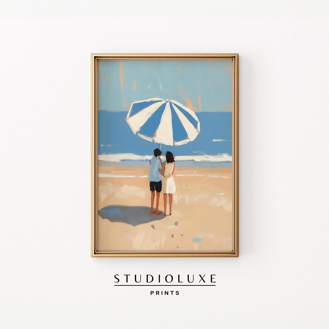 Couple Under Striped Umbrella Facing Ocean Beach Painting Poster
