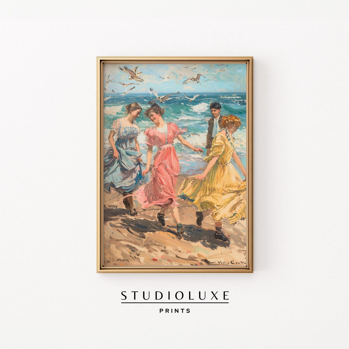 Friends Dancing Together on a Sunlit Beach Vintage Scene Poster