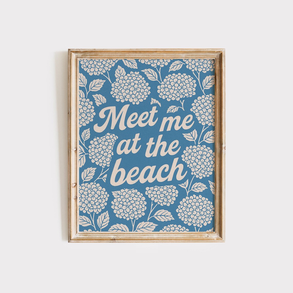 Meet Me at the Beach Cream Script Blue Hydrangea Pattern Coastal Poster