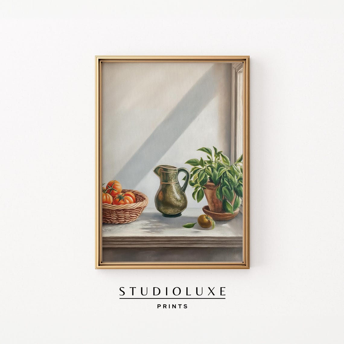 Rustic Still Life with Tomatoes, Pitcher and Basil Window Art Print