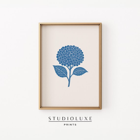 Single Blue Hydrangea Stem Two Leaves Minimalist Botanical Art Poster