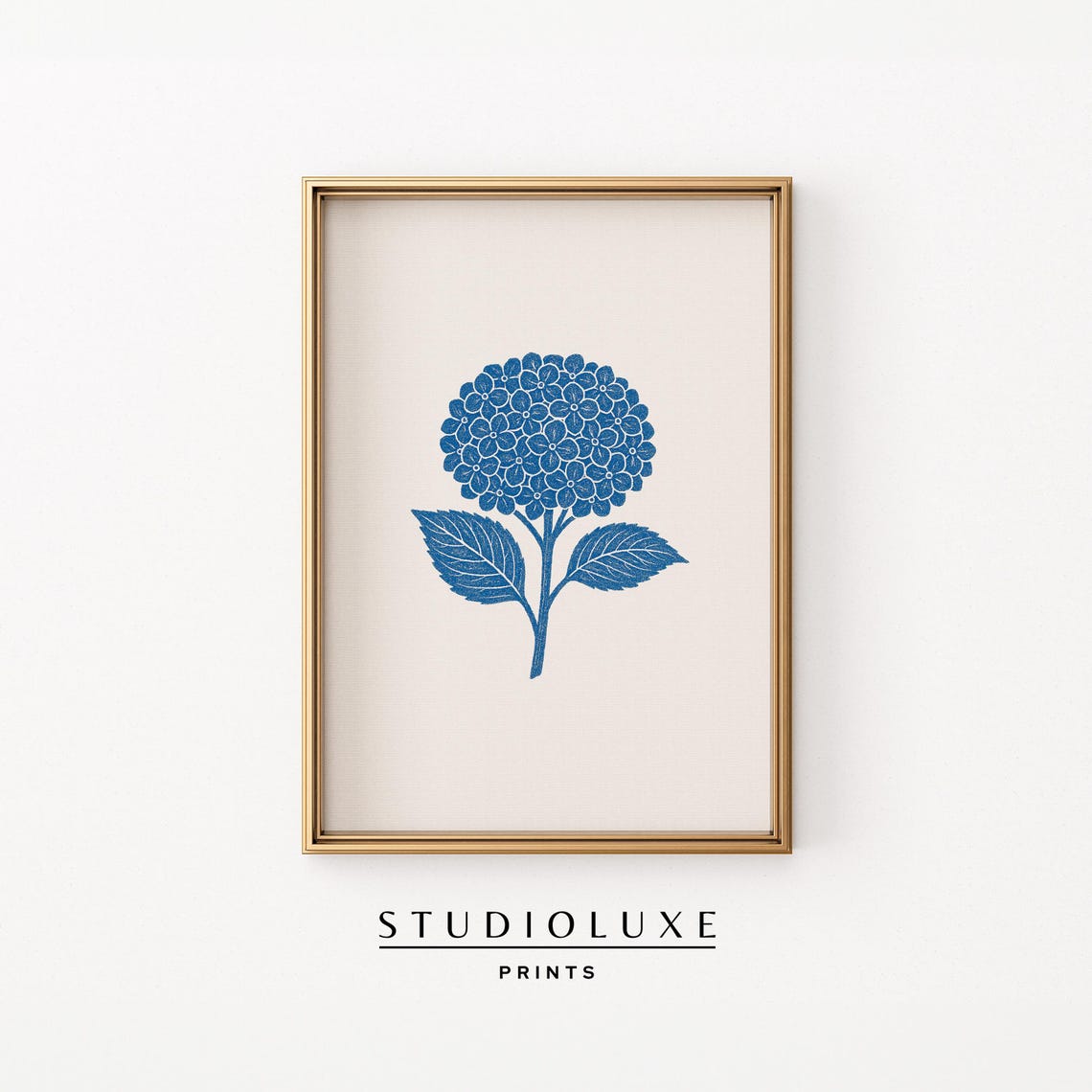 Single Blue Hydrangea Stem Two Leaves Minimalist Botanical Art Poster