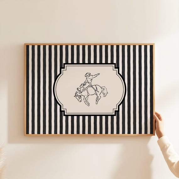 Rodeo Cowboy Wall Art Black And White Western Decor Gift Modern Country Striped Print Masculine Rustic