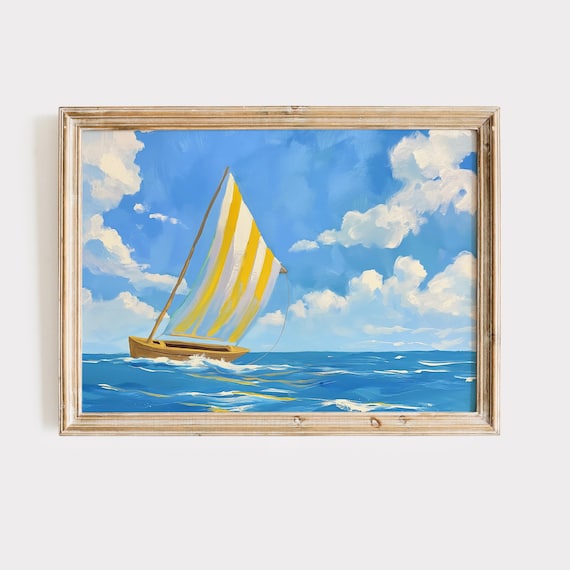 Yellow Sailboat Gliding on Bright Blue Sea Summer Sailing Poster