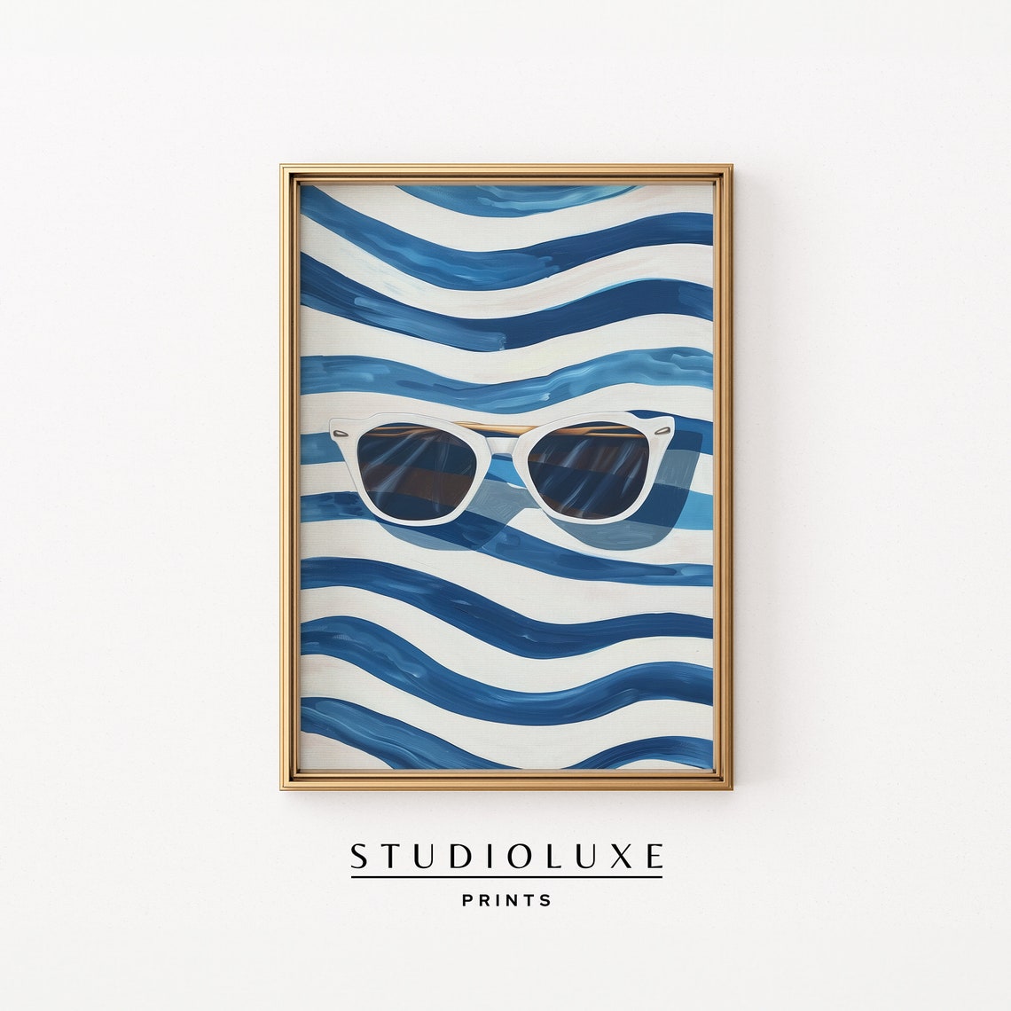 White Sunglasses on Blue Wave Stripes Retro Beach Summer Poster