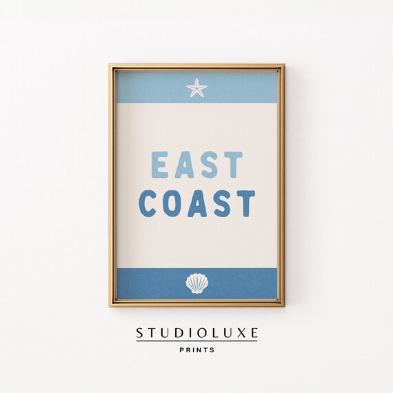 'East Coast' Starfish Shell Typography Blue Stripes Beach Decor Art Poster