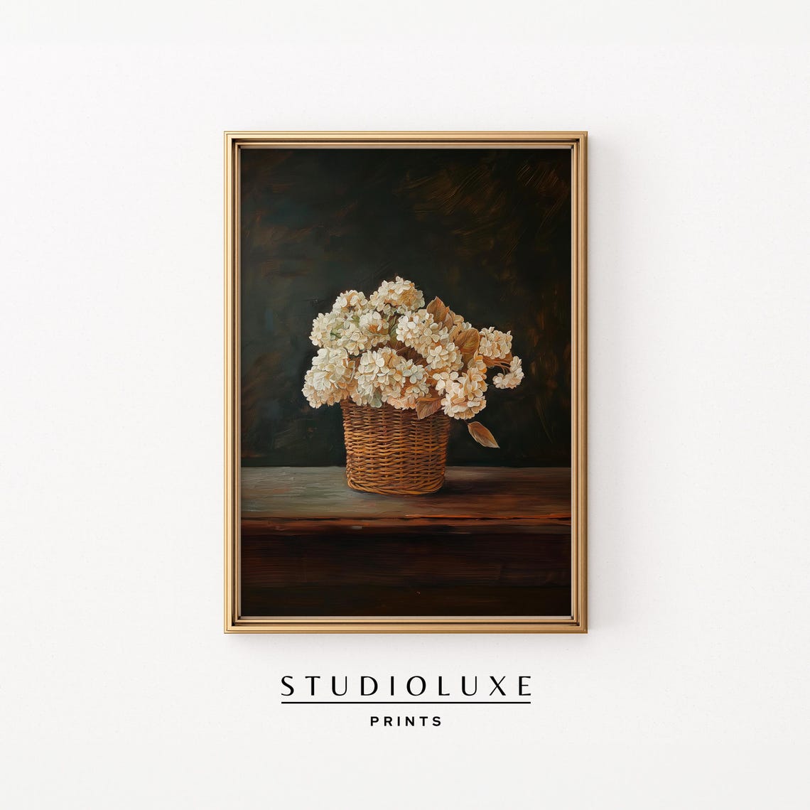 White Hydrangeas Wicker Basket Dark Moody Botanical Still Life Poster