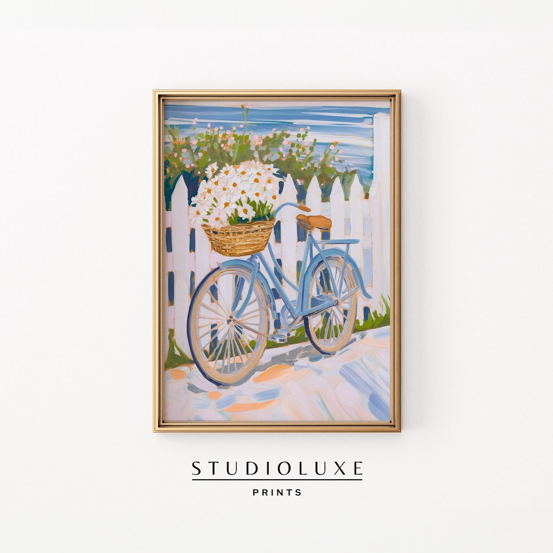 Blue Bicycle With Daisy Basket White Picket Fence Coastal Summer Art Poster