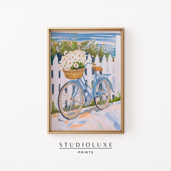 Blue Bicycle With Daisy Basket White Picket Fence Coastal Summer Art Poster