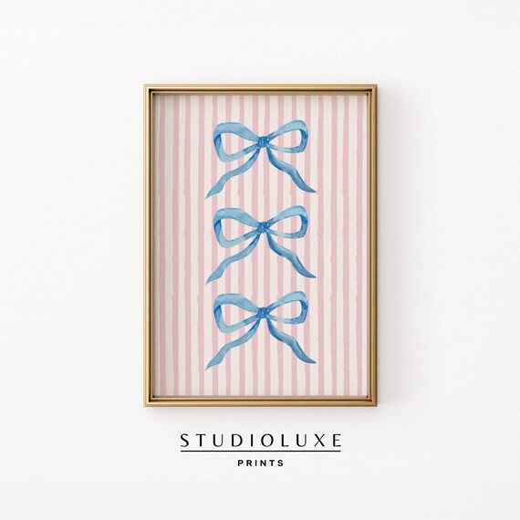 Blue Watercolor Bows on Pink Striped Background Preppy Poster