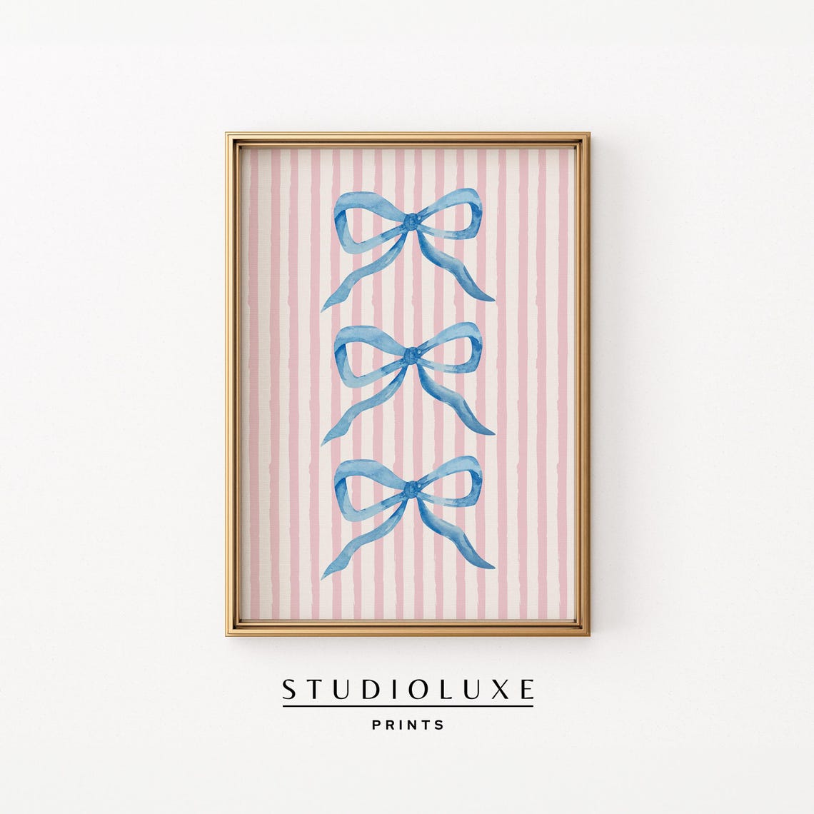 Blue Watercolor Bows on Pink Striped Background Preppy Poster