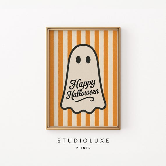 Happy Halloween Wall Art Cute Orange Stripe Fall Decor Minimal Vintage Sign