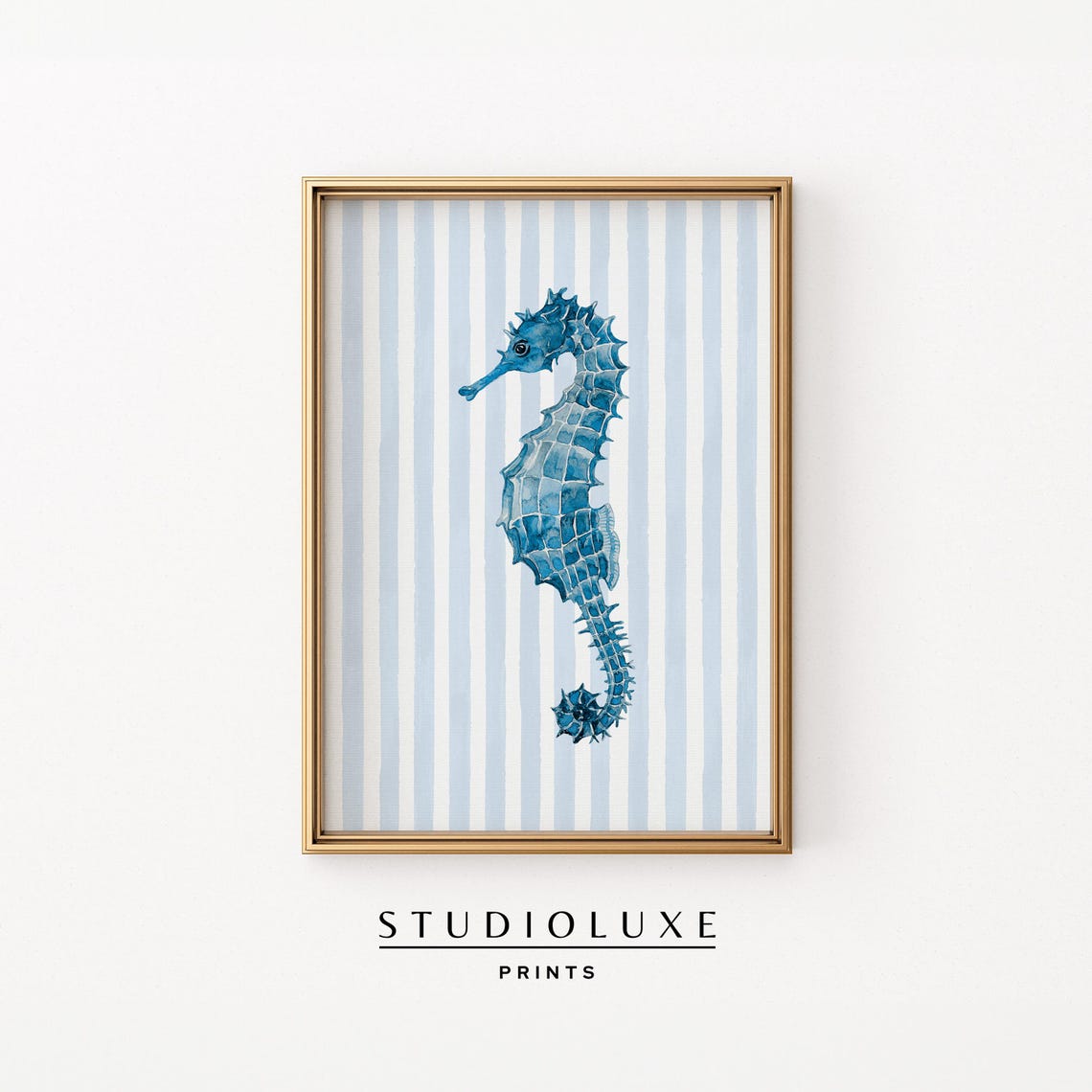 Blue Seahorse Watercolor Striped Coastal Ocean Animal Poster