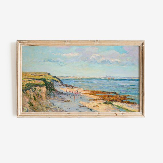 Impressionist Coastal Cliff Beach Figures Ocean Shore Pastel Oil Painting Poster