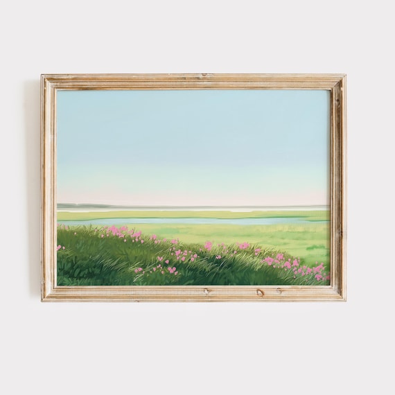 Coastal Marsh With Pink Wildflowers Green Meadow Landscape Art Poster