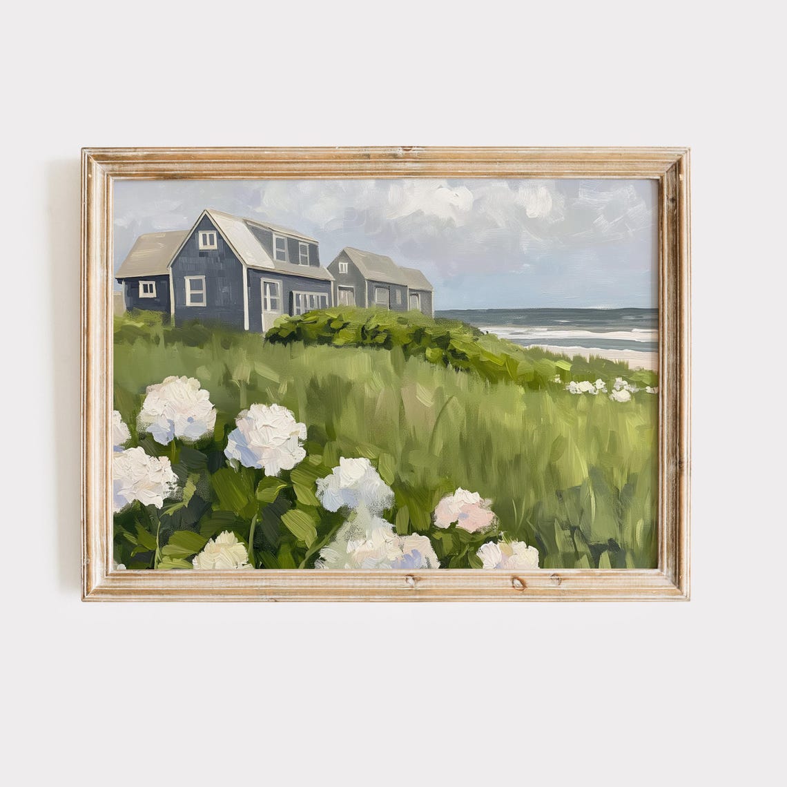 Gray Shingle Houses Hydrangeas Coastal Meadow Painting Poster