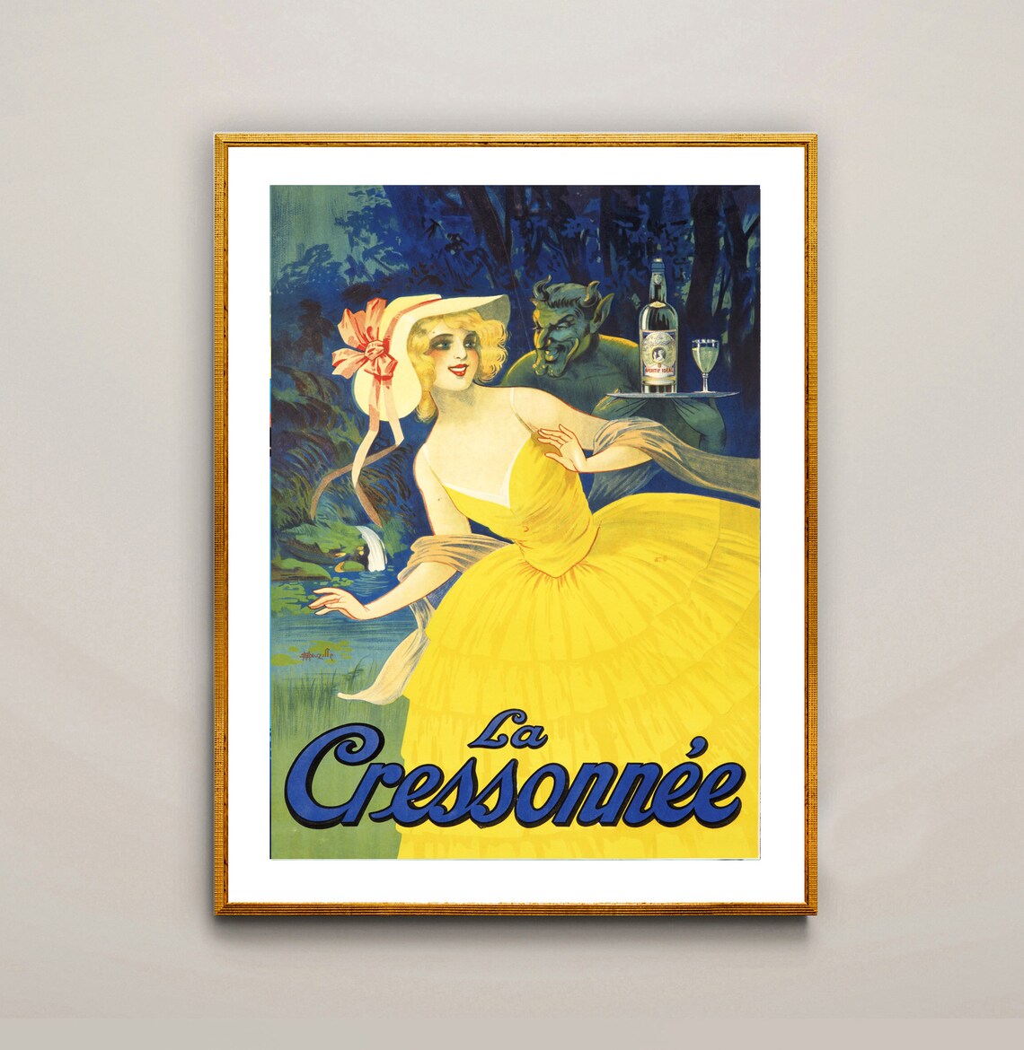 La Cressonnee Vintage French Yellow Dress Art Nouveau Bar Poster
