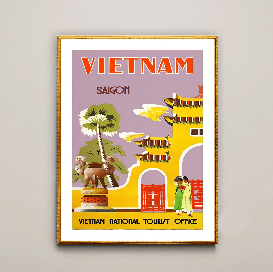 Vietnam Saigon Vintage Travel Poster Pagoda Tourist Office Art