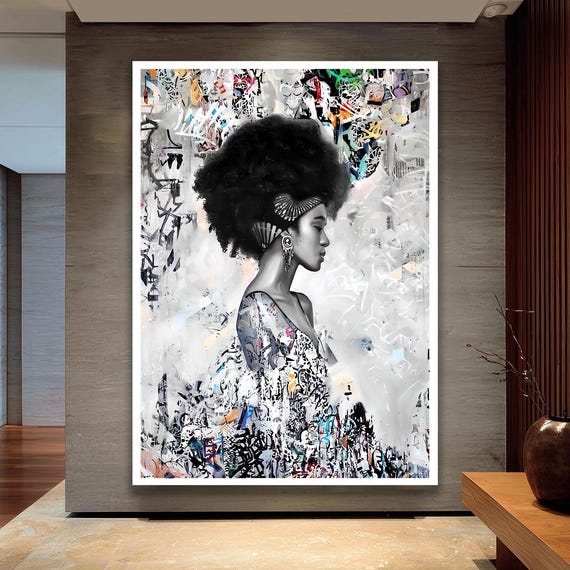 Afro Woman Canvas Wall Art Black And White Portrait With Colorful Abstract Graffiti Modern Urban Artwork Large Contemporary Home Decor