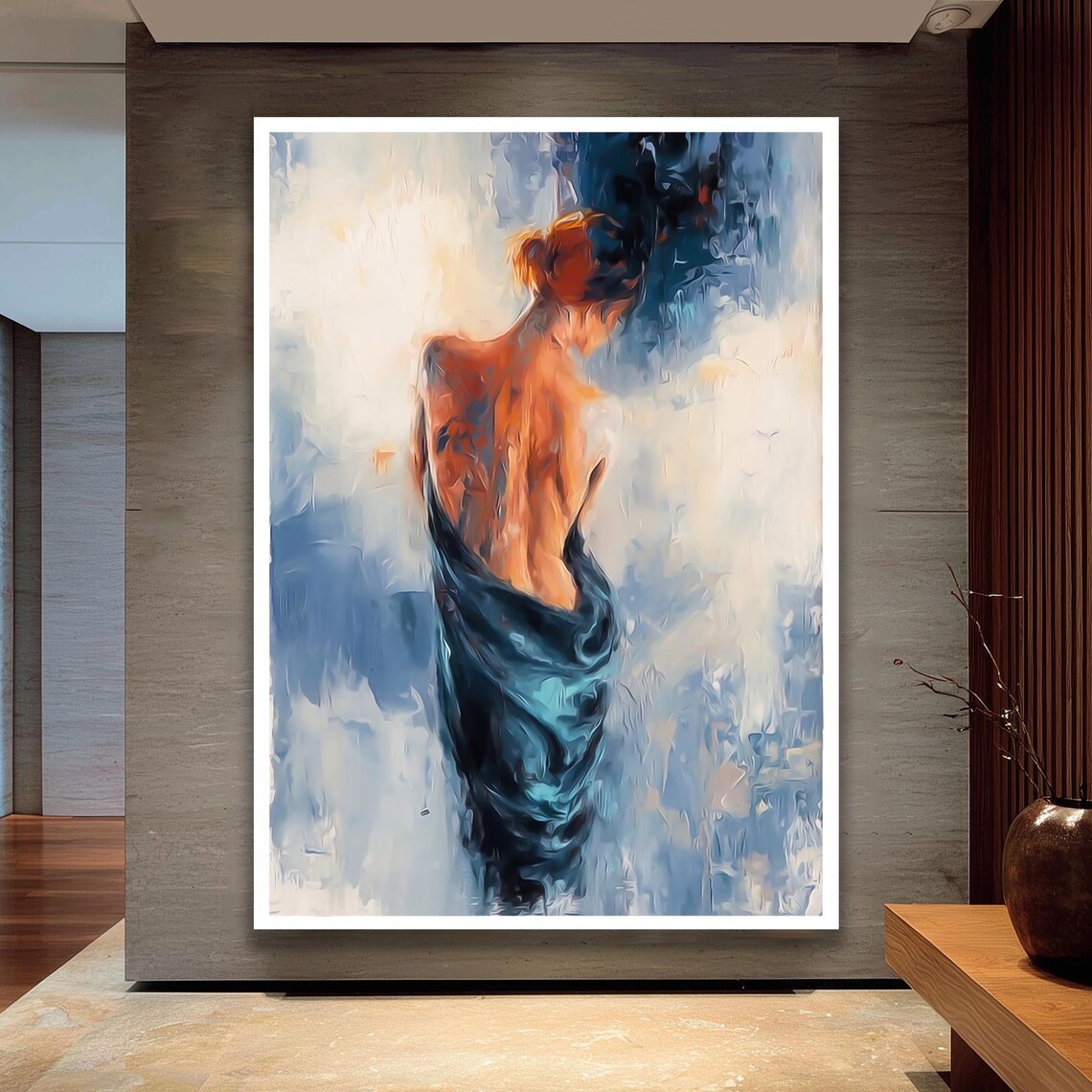 Abstract Woman Draped in Blue Oil Paint Style Minimalist Wall Art
