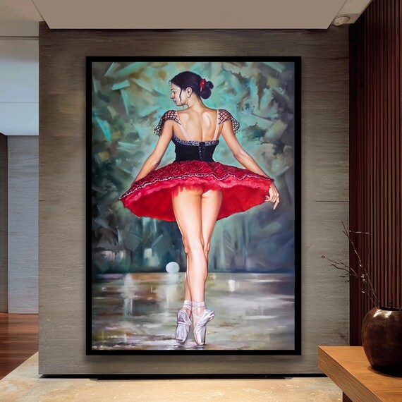 Ballerina Canvas Wall Art Elegant Ballet Dancer Painting In Red Dress Modern Dance Artwork For Bedroom And Living Room Decor