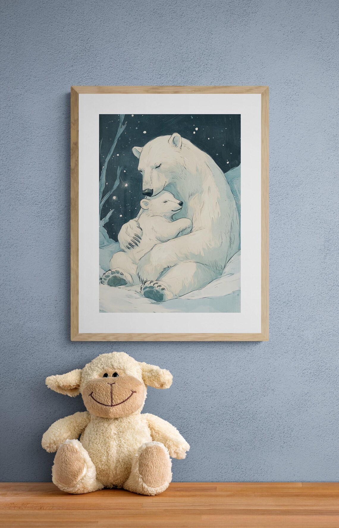 Polar Bear Mother Baby Hugging Starry Winter Night Nursery Wall Art Print - Image 2