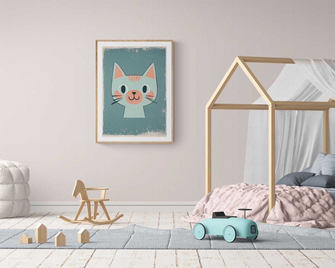 Smiling Cat Face Retro Mid Century Kids Room Nursery Wall Art Print - Image 3