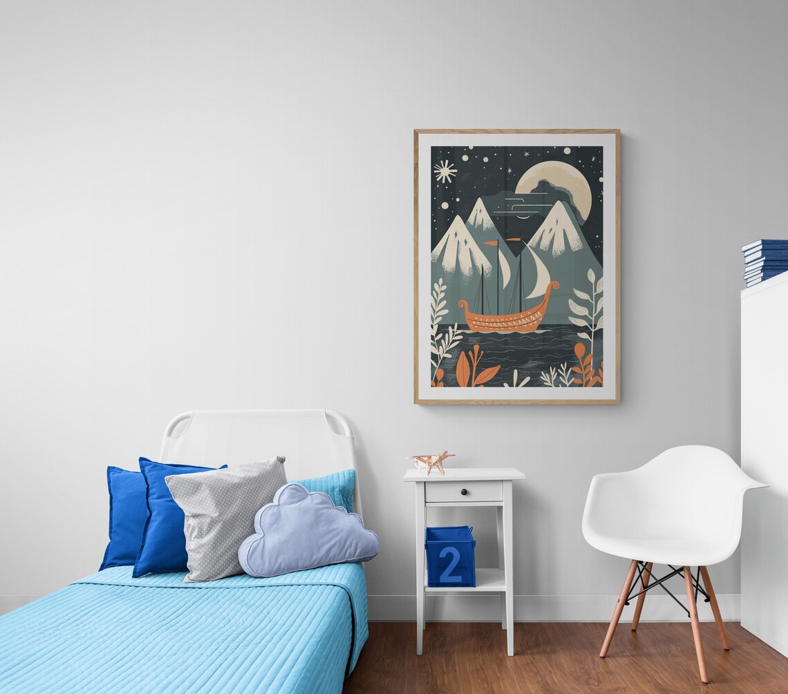 Nordic Folk Art Print Scandinavian Viking Ship Illustration Whimsical Bright Colorful Wall Art Decor - Image 3