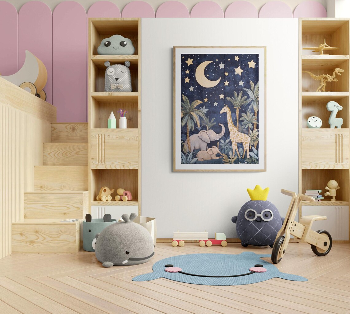 Starry Night Safari Elephants Giraffe Crescent Moon Nursery Wall Art Print - Image 4