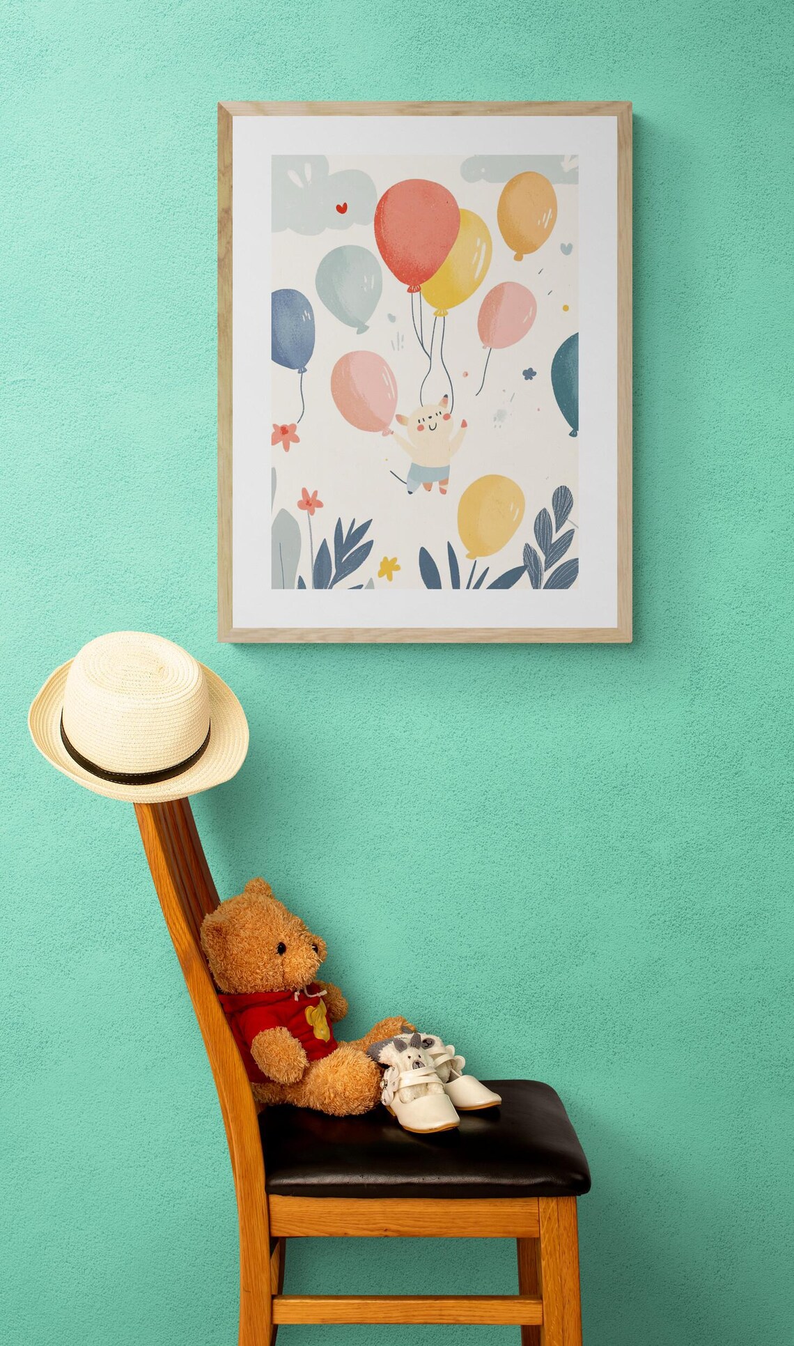 Kitty Balloon Ride Colorful Balloons Cute Cat Adventure Nursery Wall Art Print - Image 4