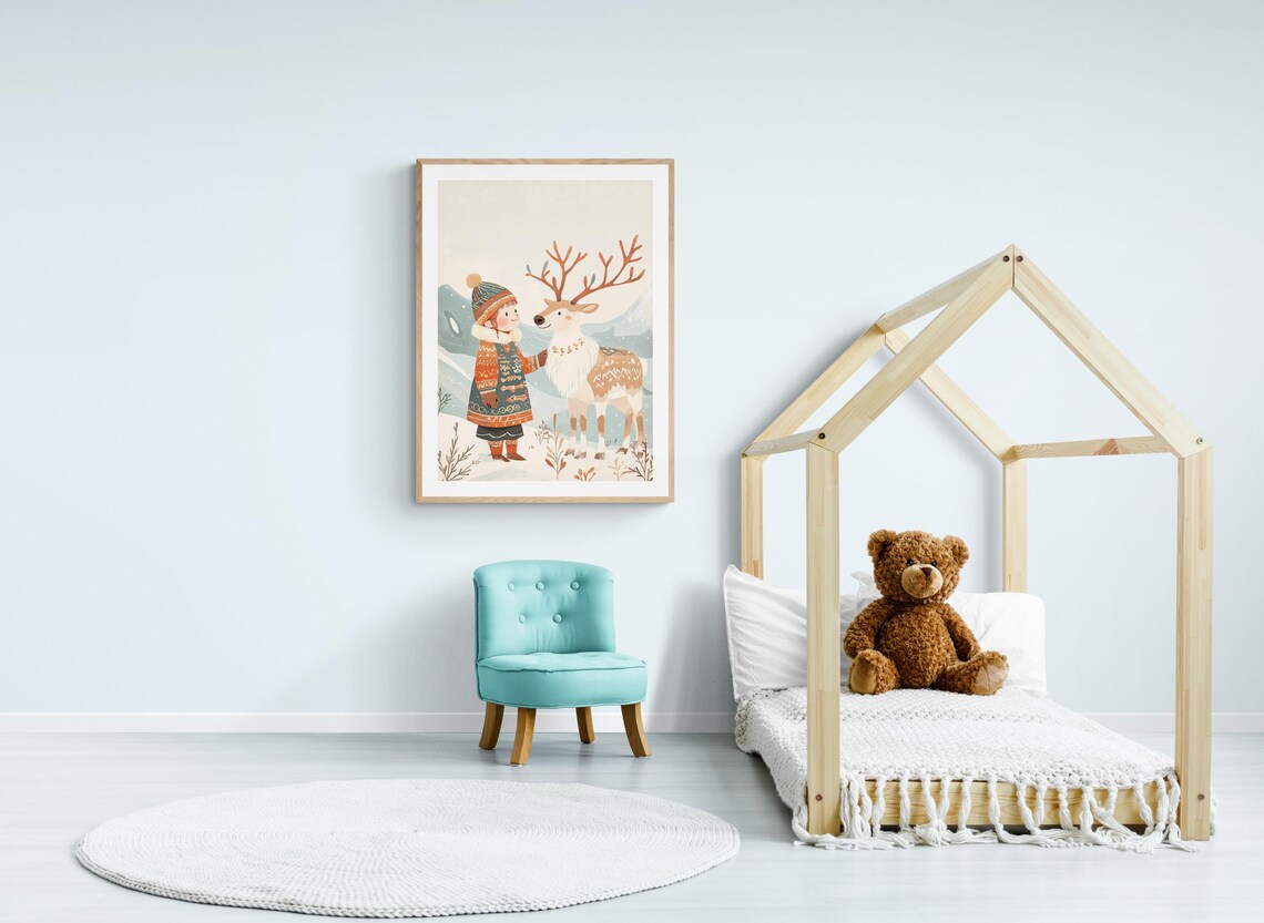 Sami Child And Reindeer Nordic Winter Snow Cultural Kids Wall Art - Image 4