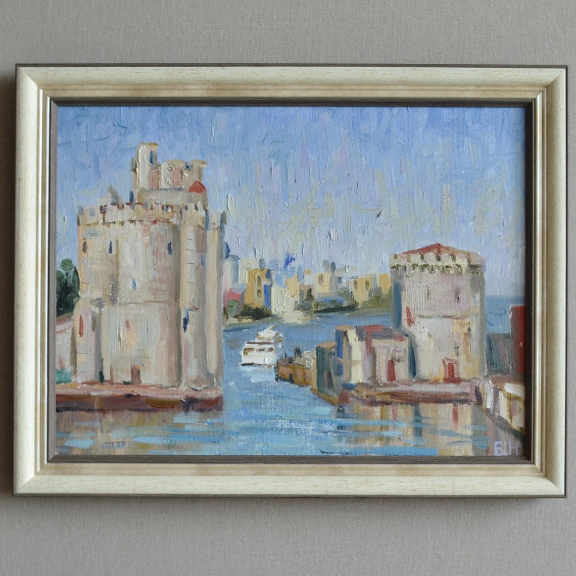 Original Framed Landscape Oil Painting On Canvas Urban French Landscape With The Port Of La Rochelle European Fine Art One Of A Kind