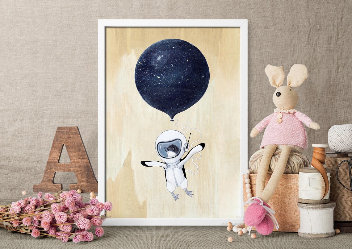 Tiny Penguin Astronaut Floating Under Starry Balloon Space Art Poster - Image 4