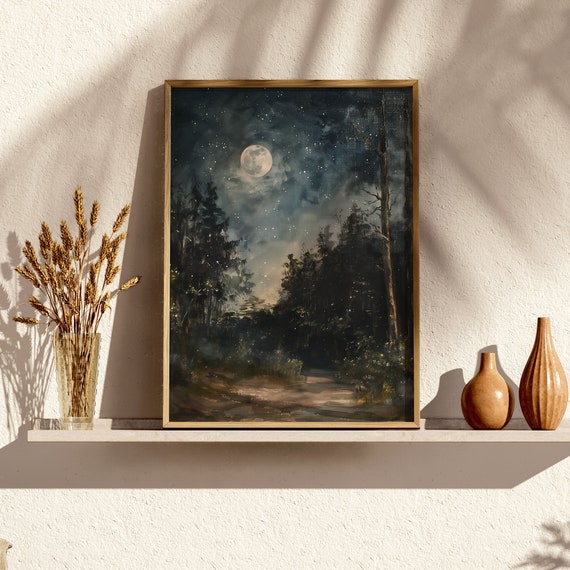 Vintage Moon And Stars Oil Painting Moody Vintage Landscape Dark Academia Decor Night Sky Wall Decor Mystical