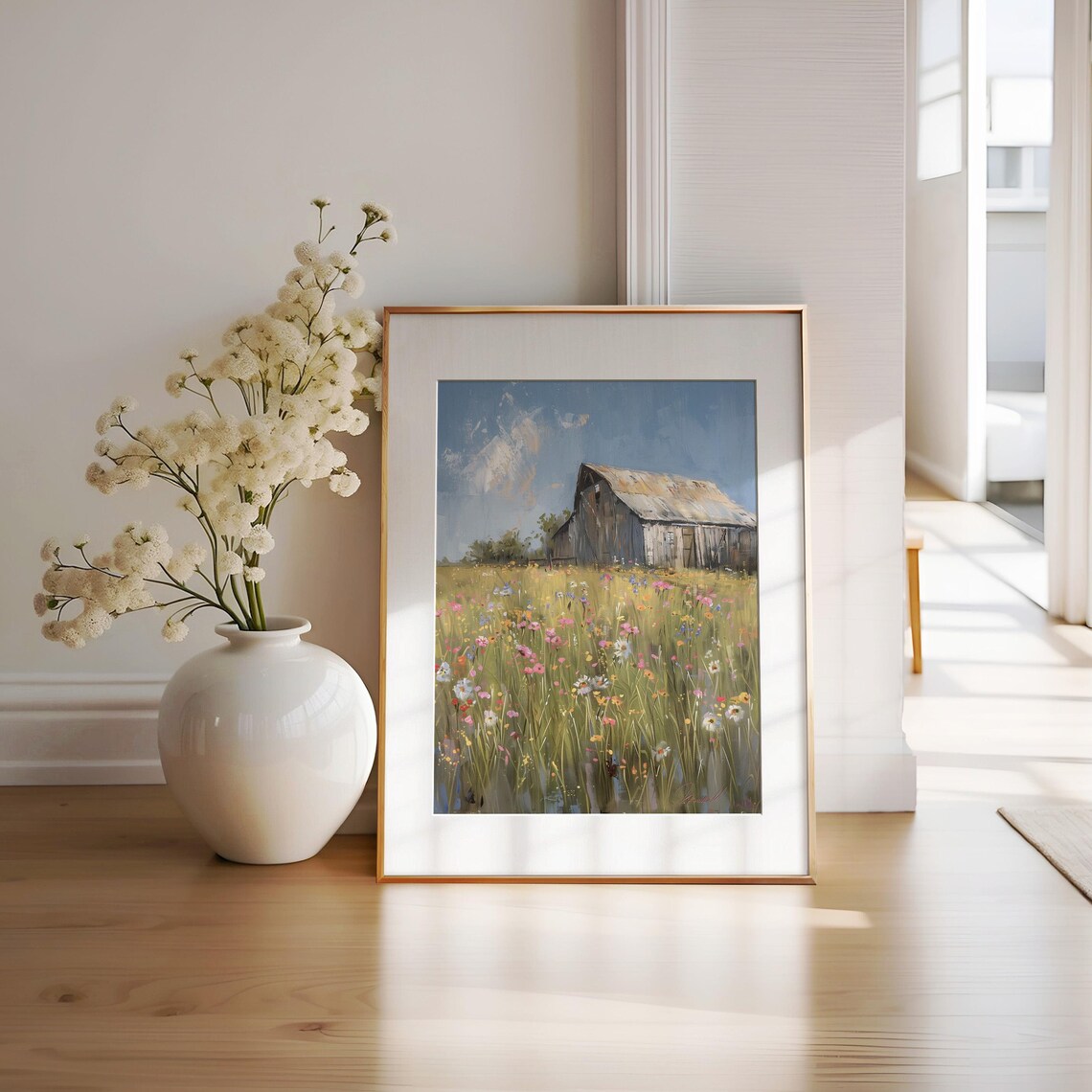 Old Wooden Barn Summer Wildflower Field Impressionist Oil Poster