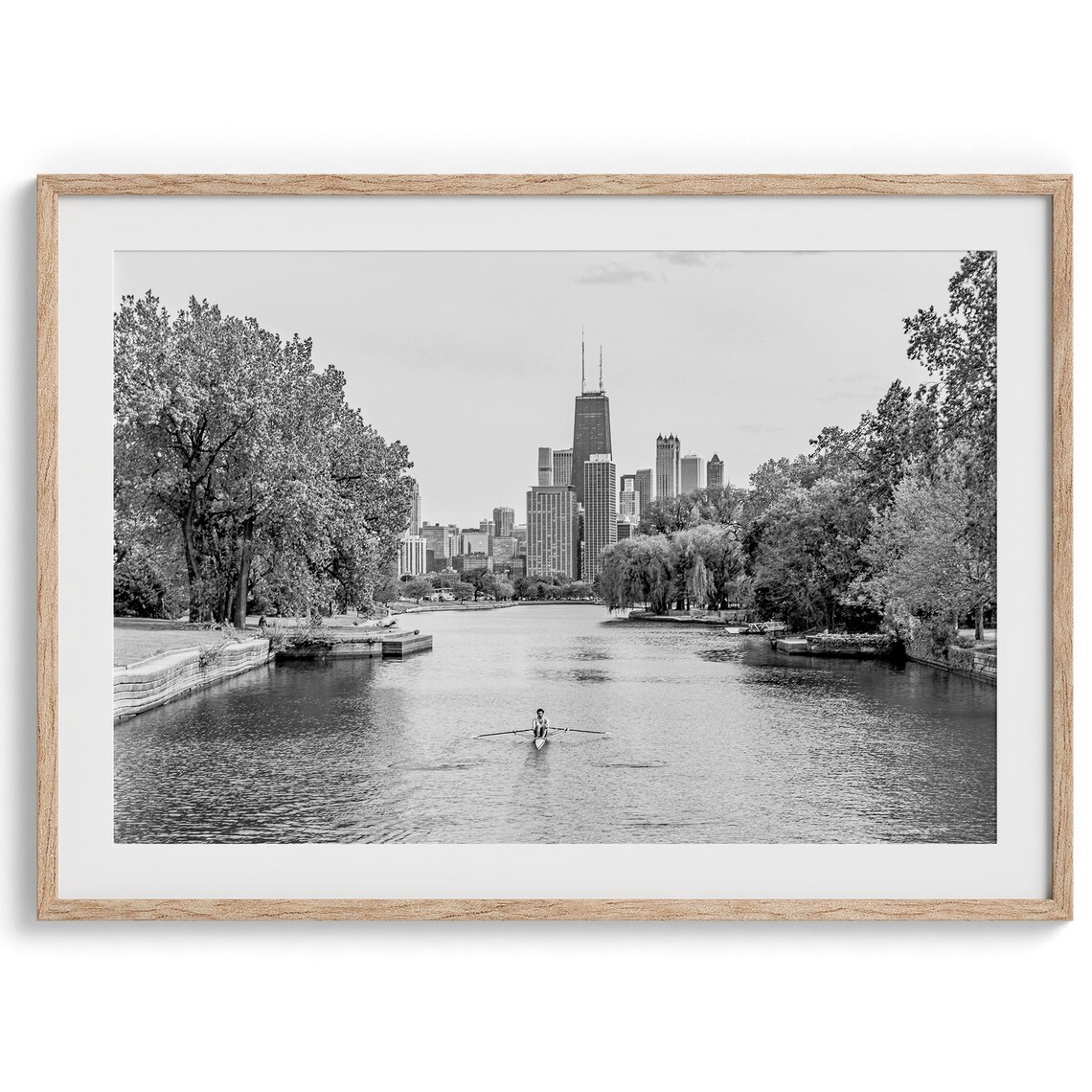 Chicago Skyline Kayaker Black And White City Lake View Travel Poster