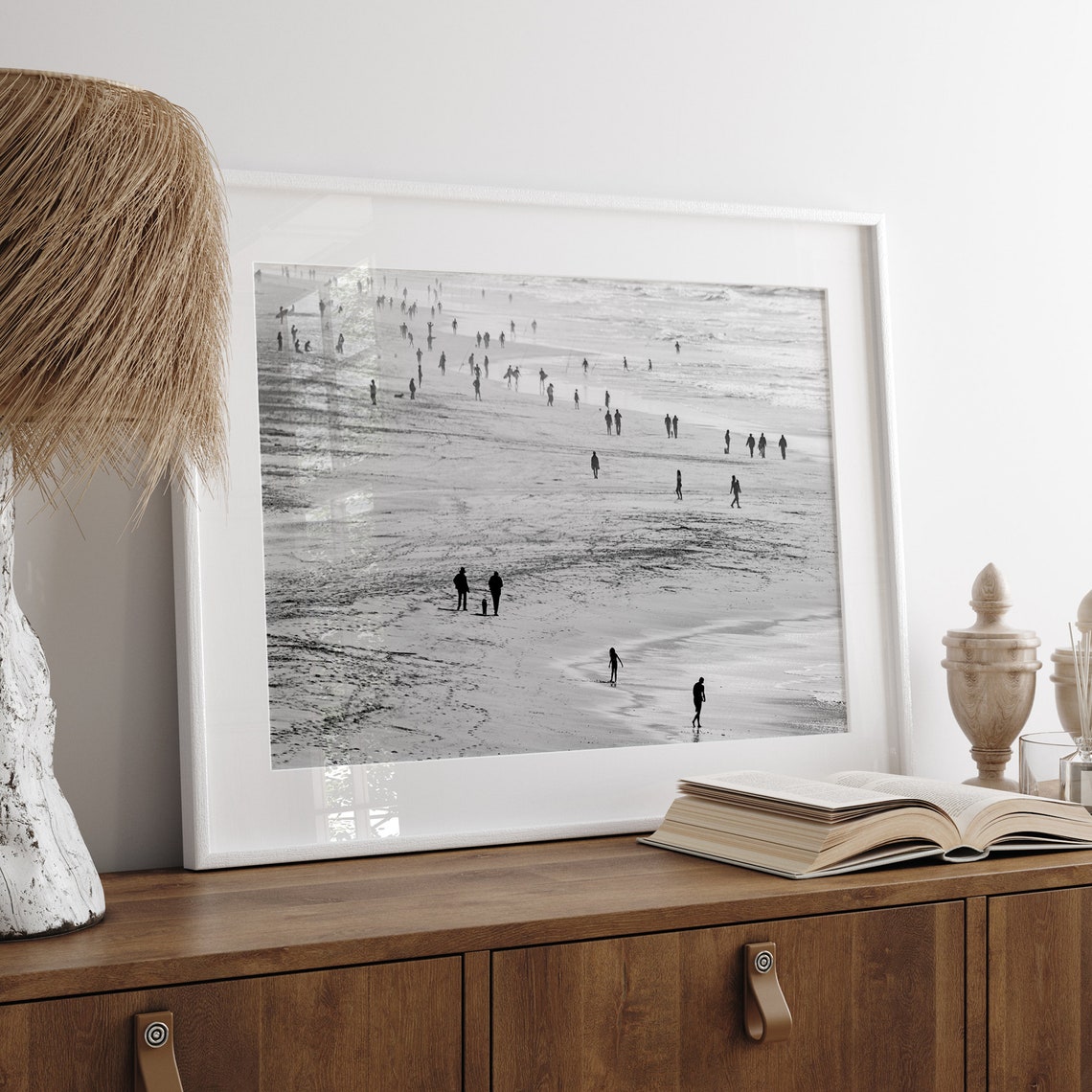 Black And White Crowded Beach People Shore Silhouettes View Poster - Image 5