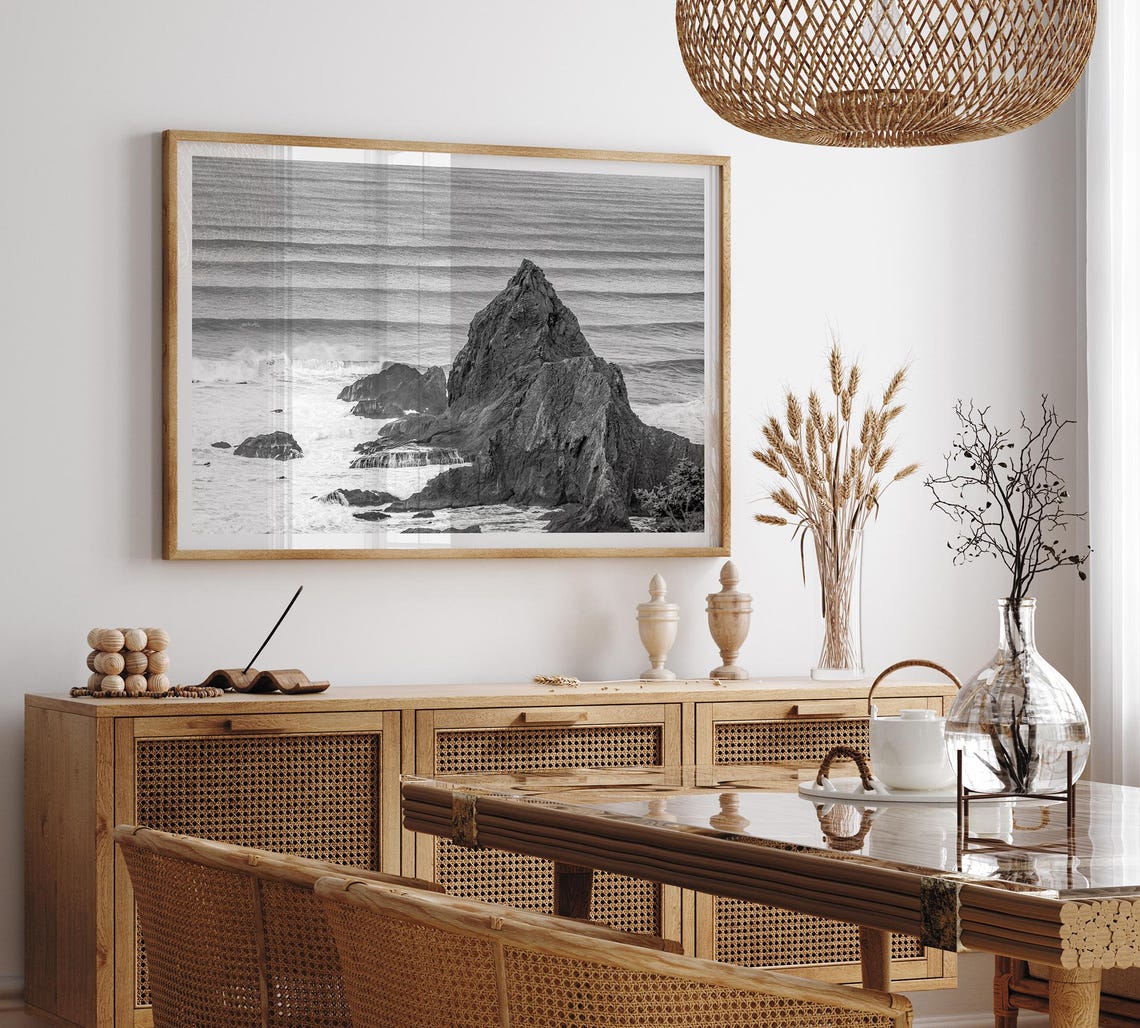 Rocky Sea Stack Rhythmic Ocean Waves Black And White Coastal Poster - Image 3