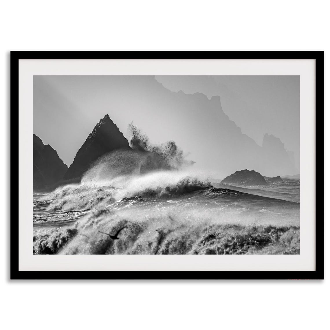 Black And White Crashing Ocean Waves Sea Stacks Moody Coastal Poster - Image 5