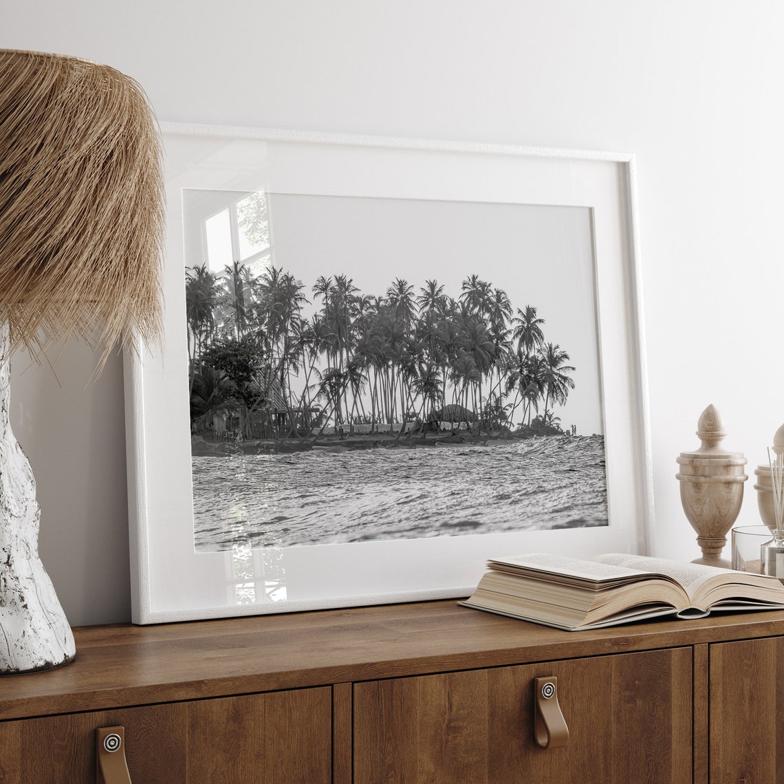 Tropical Palm Island From The Ocean Black And White Beach Poster - Image 2