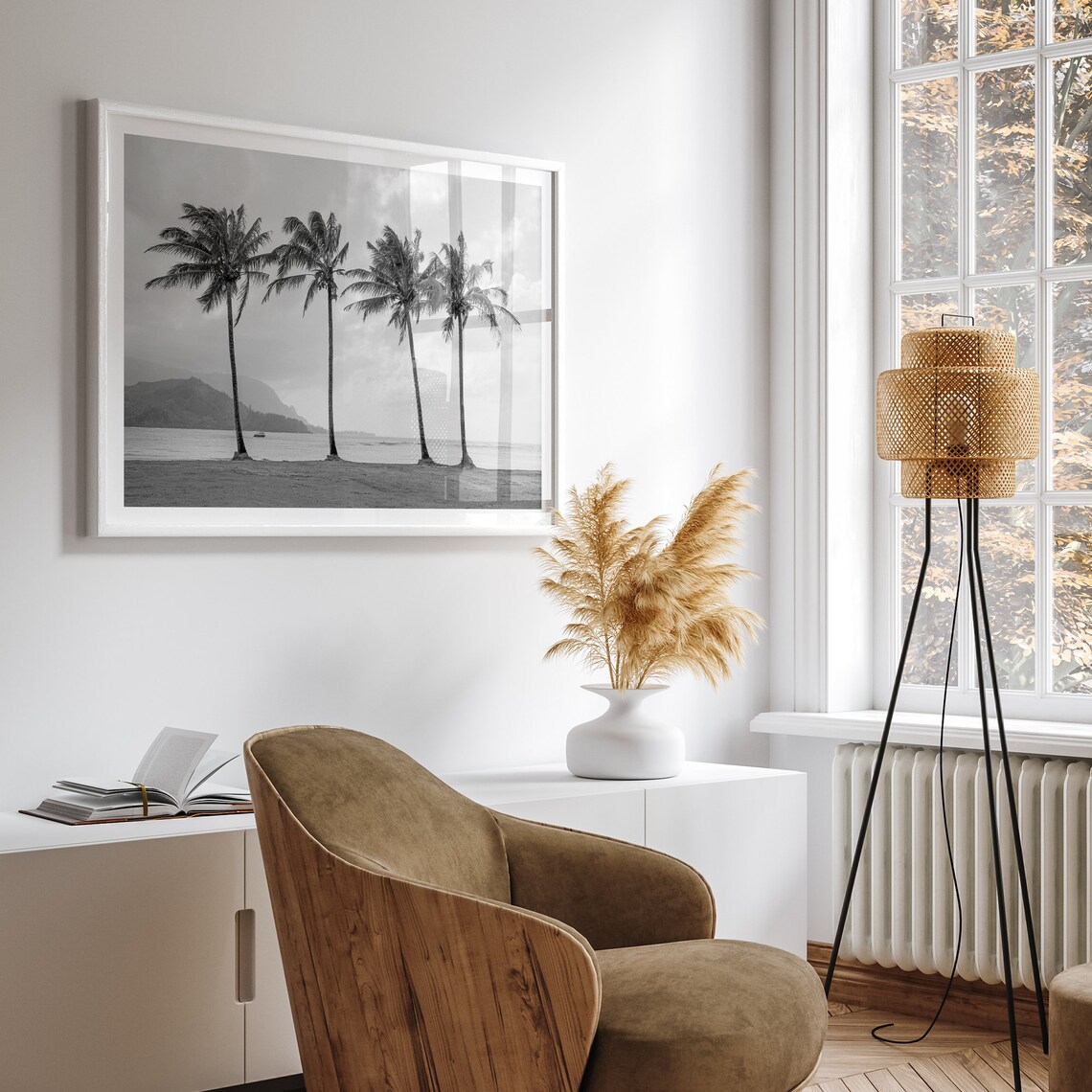 Four Palm Trees Black And White Beach Ocean Horizon Travel Poster - Image 5