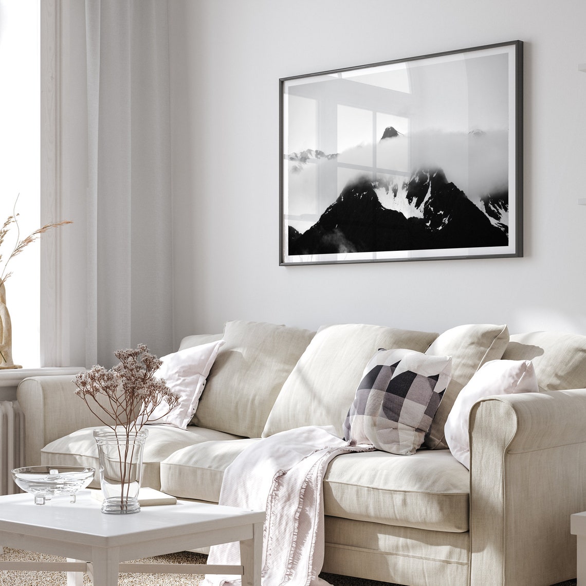 Black And White Mountain Peak Above Clouds Snow Summit View Poster - Image 2