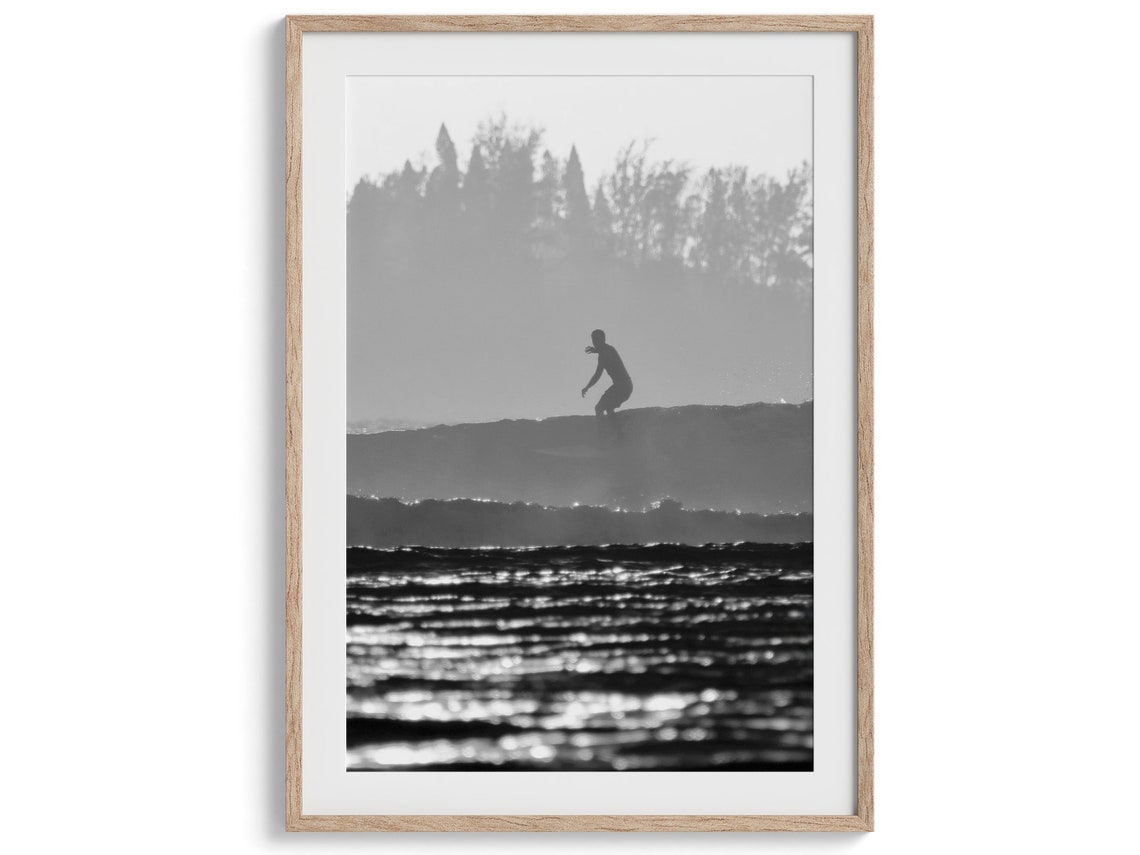 Surfer Silhouette Black And White Sunrise Ocean Sparkle Surf Print