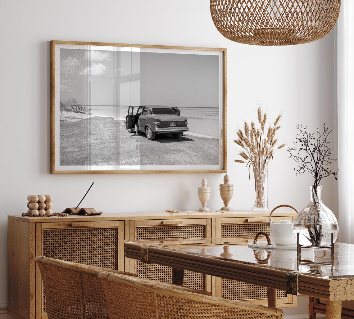 Black And White Vintage 1950s Classic Car Parked On Ocean Beach Poster - Image 5