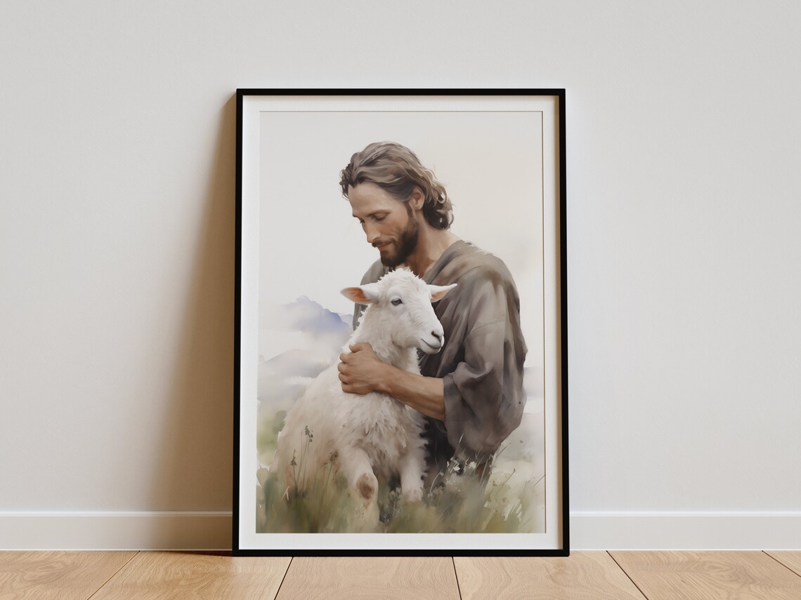 Jesus Christ Carrying Lamb Watercolor Good Shepherd Christian Art Poster - Image 3