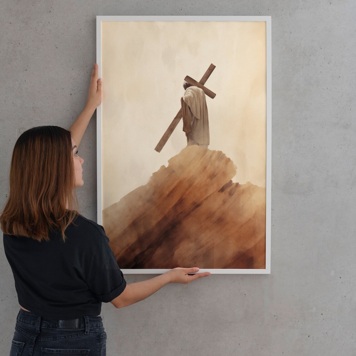 Jesus Carrying Cross Up the Hill Minimalist Beige Art Poster - Image 2
