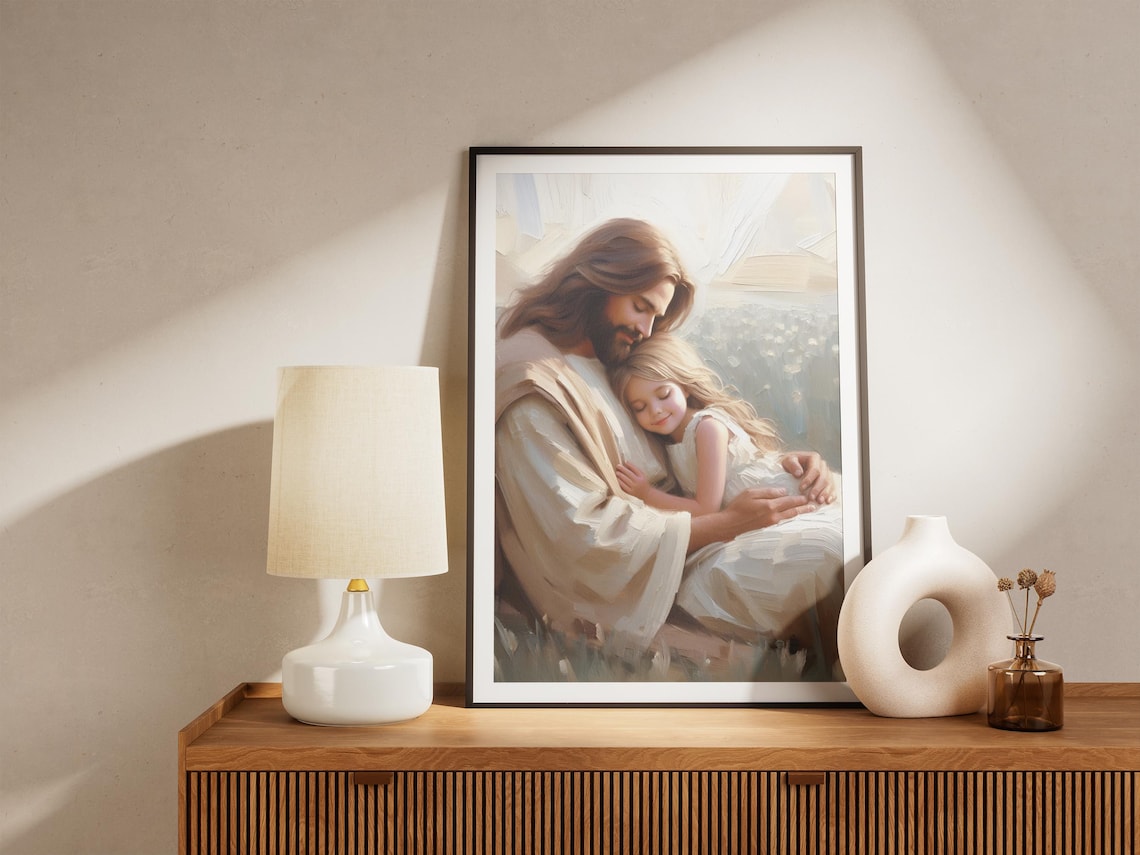 Jesus Christ Holding Sleeping Child Painting Peaceful Christian Art Poster - Image 4