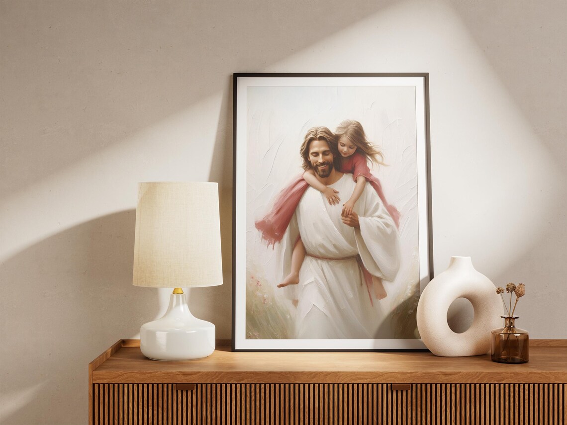 Jesus Carrying Girl on Shoulders Joyful Field Painting Gift Art Poster - Image 4